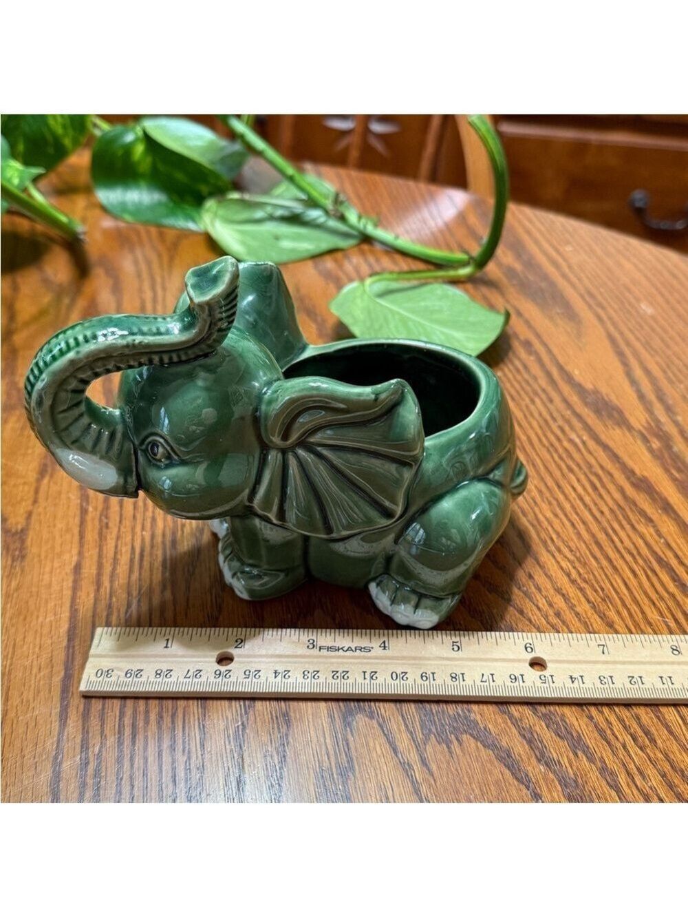VTG Green Elephant Glazed Ceramic Planter Pot Good Luck Trunk Up - Picture 5 of 7